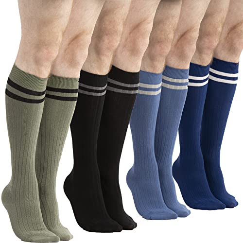 4 x Mens Knee High Cotton Striped Socks | Over the Calf Socks | Dress Socks | Size 9-11