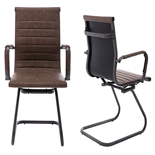 Image of Office Desk Chair No Wheels Set of 6 PU Leather Computer Chairs Mid Back Guest Chairs for School Reception Conference Waiting Room, Vintage Brown