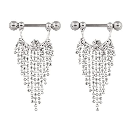 Salwosai 14G Stainless Steel Nipple Piercing Jewelry Nipplering Barbell Tassels CZ Dangle Body Rings (White(18-10mm))