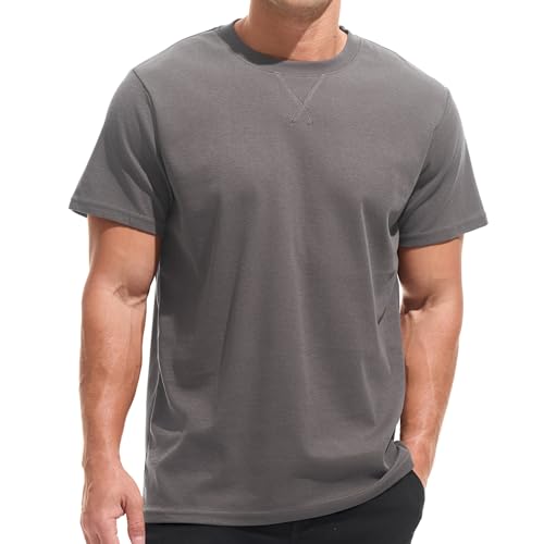 VEIISAR Mens Mini Waffle Knit Crew Neck T-Shirt - 210gsm Ultra-Fine Textured Cotton Tee - 1mm Micro Grid Breathable Top Dark Grey XXL