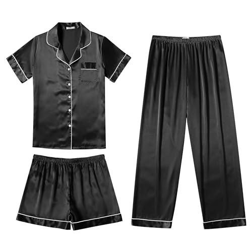 Ekouaer Silk Pajamas for Women Set Satin Pjs Soft Short Sleeve Button Down Sleepwear 3 Piece Loungewear,Black,M