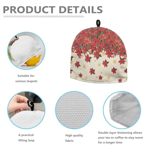 Image of Tea Cosy Tea Pot Cozies with Top Handle Decorative Accessories for Teapots Kitchen Home Table Breakfast Warmer Dust Cover Christmas Poinsettia Flowers