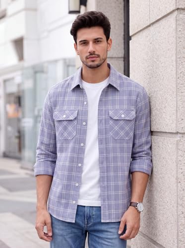 Image of Amazon Brand - INKAST Men's Cotton Blend Button Down Shirt || Long Sleeve Casual Flannel Check Shirt || Soft Breathable Lightweight Collared Shirts with Two Flap Chest Pockets || Stylish Everyday Wear