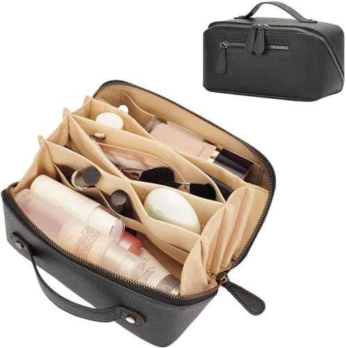 Travel Makeup Bag Large Capacity Cosmetic Bags for Women Waterproof Make up Organizer Toiletry Bag Open Flat Portable with Divider with Handle Pouch (3L Black)