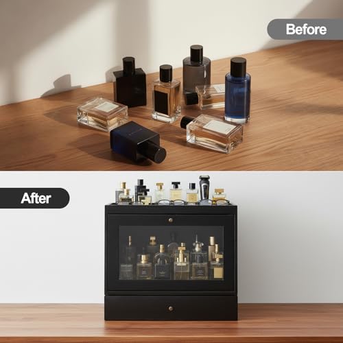 Image of Cologne Organizer for Men Women,Perfume Stand Holder,Cologne Shelf, Solid Wood Cologne Stand with Drawer Storage and Clear Window,Organizador de Perfumes,Perfume Stand Organizer,Black