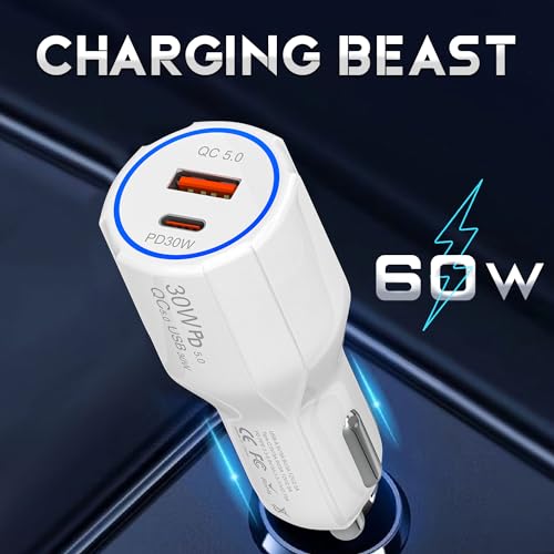 Image of Tempt 60W Thunderbolt Fast Car Charger with Dual Output, 60 Watts Total (30W USB QC 5.0 + 30W Type C PD), Fast Charging, Adapter for iPhone & Android Smartphones and Tablets (White)