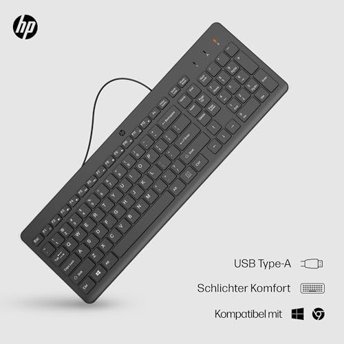 HP 150 kabelgebundene Tastatur, QWERTZ Deutsches Layout, 12 Fn Tasten, funktioniert mit Windows & Mac, leise, schwarz – Ansicht 2