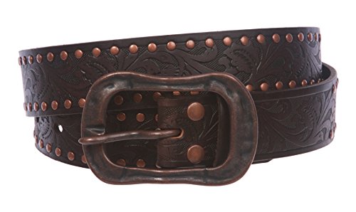 Snap On 1 1/2" Soft Hand Vintage Cowhide Leather Floral Embossed Rivet Studded Casual Belt2