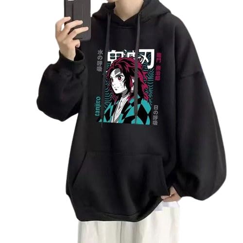 street and sense Unisex Baggy Demon Slayer Tanjiro kamado Anime Hoodie Sweatshirt Demon Slayer Unisex Anime Hood Kimetsu no Yaiba Hoodie Black Navy-picture-39