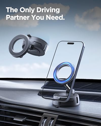 Image of Spigen Dashboard & Windshield Magnetic Car Mount (MFT36-1) - Black | Strong N52 Magnetic Car Mount with Twist-Direction VacuumLock & 360 Flexible View Compatible with iPhone 17 /16 /15 /14 /13 /12
