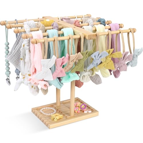 Image of POVETIRE Headband Holder Stand Bow Organizer for Girls, 5 Row Wooden Bow Holder for Girls Hair Bows,Baby Headband Storage Infant Hair Accessories Rack Display for Nursery Decor
