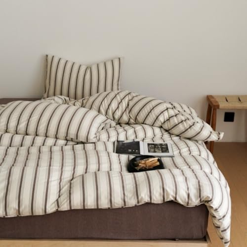 Image of Brown Striped Duvet Cover Twin Size Beige Brown Strips Duvet Cover Set Vintage Retro Vertical Striped Soft Lightweight Microfiber Bedding Set with Zipper Closure and 1 Pillowcase