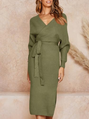 Image of Chang Yun Women's Long Maxi Sweater Dresses Sexy Wrap Batwing V Neck Slit Open Back Holiday Bodycon Dress with Belt