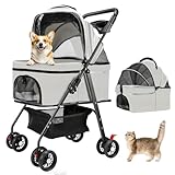 AODI Hundebuggy 2 in 1 für Kleine Hunde und Katzen mit 4 PCS 360° Rädern, Faltbarer Hundewagen mit Abnehmbarer Transportbox, Sonnenschutz, Ablagekorb und Getränkehalter, bis zu 15 kg