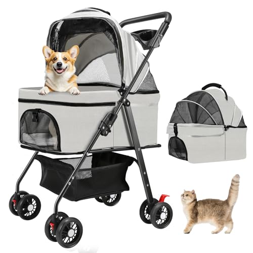 AODI Pet Stroller for Small Dogs and Cats with 4 Wheels, Foldable Dog Stroller with Detachable Carrier, Sun Shades, Storage Basket & Cup Holder, Up to 15 kg