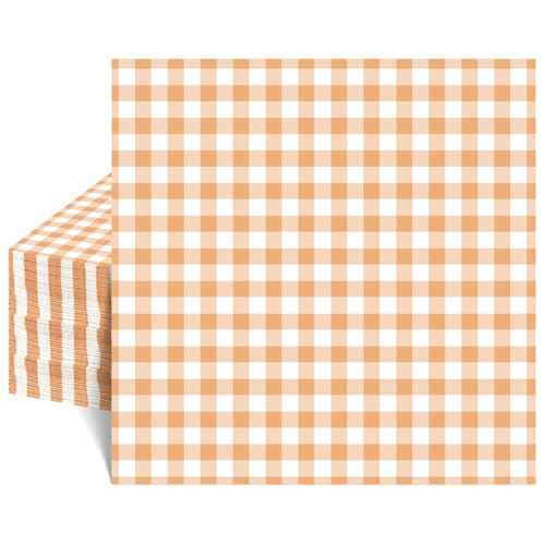 NatNarr 80 Pcs Orange Gingham Napkins 6.5X6.5 Inch Fall Thanksgiving Napkins Disposable Autumn Dessert Beverage Napkin Orange and White Checkered Napkin for Autumn Harvest Thanksgiving Birthday