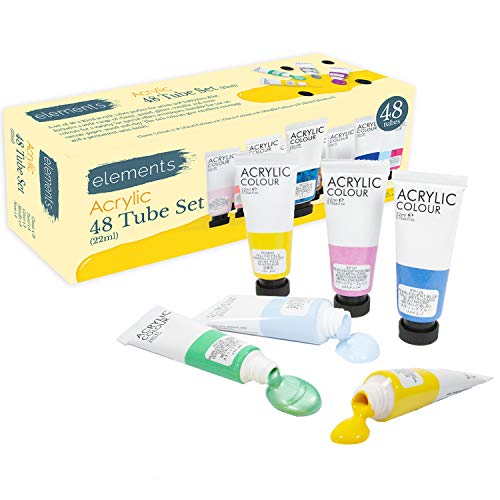 Elements Acrylic Paint, Set of 48 x 22ml Tubes, Rich Variety Range of Classic, Pastel, Glitter, Metallic and Neon Colours Non Toxic Paints for Canvas Painting, Artist, Hobby Painters