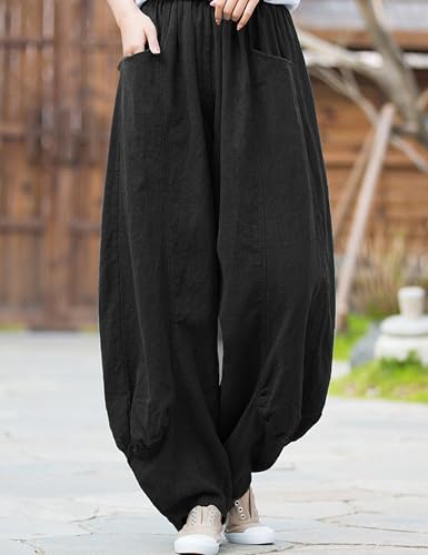 Women's Cotton Linen Pants Casual Elastic Waist Relax Fit Lantern Trouser Baggy Pants with Pockets2