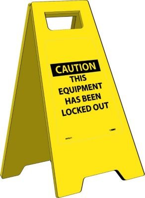 NMC HDFS211 Heavy Duty Floor Stand Sign, Legend "CAUTION - THIS EQUIPMENT HAS BEEN LOCKED OUT", 10-3/4" Length x 24-5/8" Height, Black on Yellow