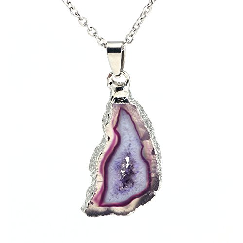 Bonnie Irregular Agate Quartz Slice Geode Crystal Druzy Pendant Necklace Cut Amethyst Jewelry (Silver)