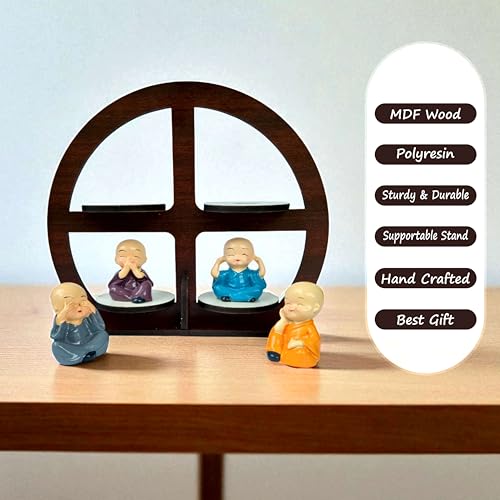 Image of P Arts Buddha Monk Set of 4 Statue Figurines Home Decor Items, Miniature Buddha Monk Statues with Round Wooden Stand, Cute Mini Idol for Car Dashboard, Living Room, Meditation Spaces Room Decor