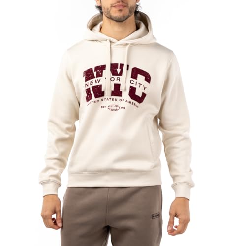 ALPHADVENTURE - Sudadera para Hombre con Print Frontal de New York City y Bolsillo Tipo Canguro y Capucha - Talla M - Upland - Color Beige