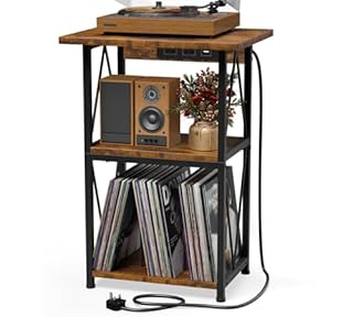 HFHOME 2025 Upgraded Extended Tabletop Record Player Stand with Charging Station, 3 Tier End Table with Vinyl Record Storage, Turntable Stand for Vinyl Player in Living Room Bedroom
