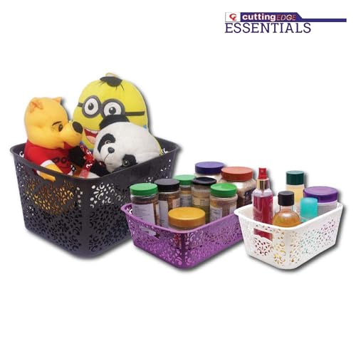 Image of Cutting Edge Essentials Plastic Storage Baskets /Shelf /Turkish Rack- Set of 1 for Fruit Vegetable Bathroom Stationary Home Basket with Handle (Black, Large)