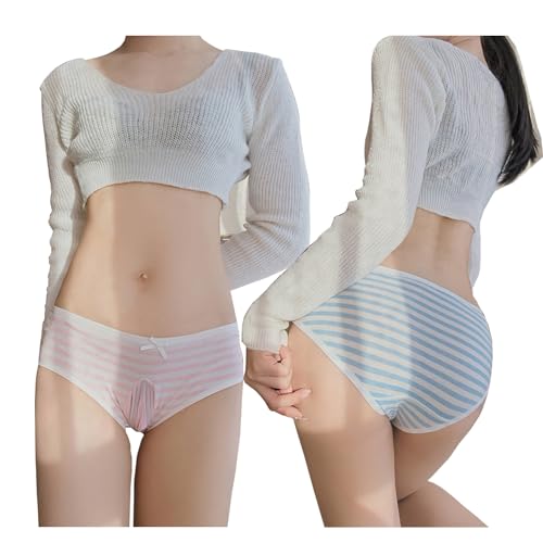 YOMORIO Japanese Striped Panties Cute Bikini Cotton Anime Striped Briefs Underwear Cosplay Panties for Women Men 2 Pack