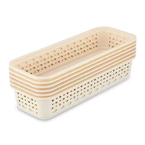 Image of RATAN PLASTICWARE Diana Tray Rectangular-Narrow (Pack of 6) Plastic| 31.9 Cm X 12.2 CmX 6.1 Cm | Storage for Desk Basket /Organizers for Stationery, Jewellery, Tools,Kitchen, Office- Beige