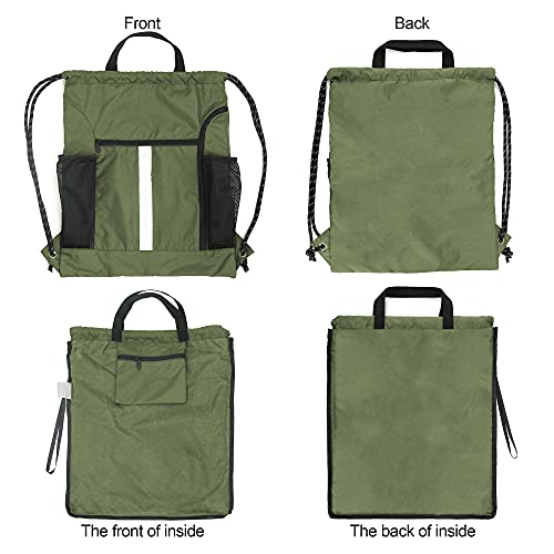 Image of BeeGreen Moss Green Drawstring Bag Pack Sport Cinch Sack with Shoe Compartment and Two Side Mesh Pockets Heavy Duty Gym String Backpack for Unisex