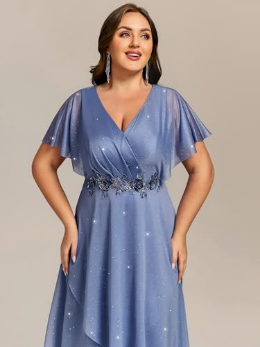 Image of Ever-Pretty Plus Women's V Neck Short Sleeves Pleated Applique High Low Glitter Midi Plus Size Wedding Guest Dresses