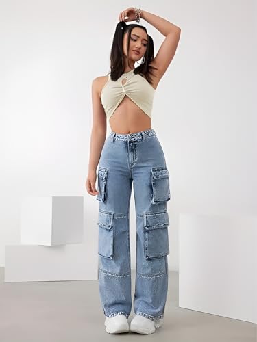 Image of CHKOKKO Women High Rise Denim Solid Regular Fit Jeans