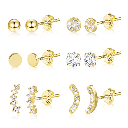 Ohrstecker Gold Set - 6 Paar Kleine Sterling Silber 925 Ohrringe für Damen...