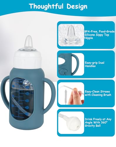 Image of Sippy Cup Conversion Kit with Silicone Sleeves for Dr Browns Narrow and Narrow Glass Baby Bottle 4oz, Weighted Straw Replacement Kit with Soft Straw Top and Handle,2-Pack，6m+