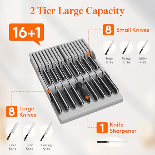 Lifewit Magnetic Drawer Knife Organizers Insert, Kitchen Plastic In Drawer Knife Block Slots, Steak Chefs Knives Holder Storage for 16 Knives and 1 Sharpening Steel, Extra Large, Gray, 16.5"/42 cm(W) by Lifewit - Image 3