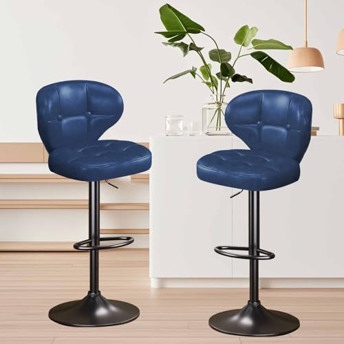 Image of Bar Stools Set of 4, Adjustable Swivel Bar Chairs with Backrest and Footrest, Modern PU Leather Upholstered Counter Height Stools for Kitchen Island, Bar, Dining Room Blue