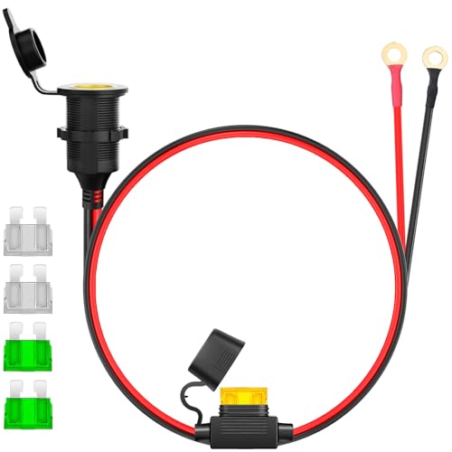 BBHEJJ - BBHEJJ 12AWG Fixed Thread Cigarette Lighter Socket Extension Cable, 3.3FT 12V/24V Cigarette Lighter Socket to O Ring Terminal Cable with Fuse Box and Spare Fuse
