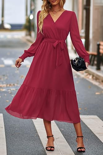 Image of PRETTYGARDEN Women's Floral Boho Dress Fall Long Sleeve Wrap V Neck Ruffle Flowy Maxi Spring Wedding Guest Vacation Dresses