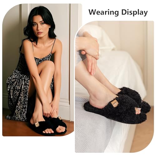 Image of GOEWY Fuzzy Open Toe Slippers for Women Cozy Memory Foam House Shoes Indoor | Cute Cross Band,Soft Faux Fur,Anti-slip Sole Outdoor,Machine-washable,Lightweight,Slip on Gifts for Women,Mom and Bridesmaid