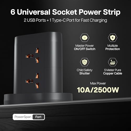 Image of Geonix PowerSpan Fort | Extension Board /Strip, 2500 Watts, 10 Amps, 1x Type C Port, 6X Universal Socket, 2X USB Port, LED Indicator, On /Off Switch, 5mtr Long Pure Copper Cable (Black)