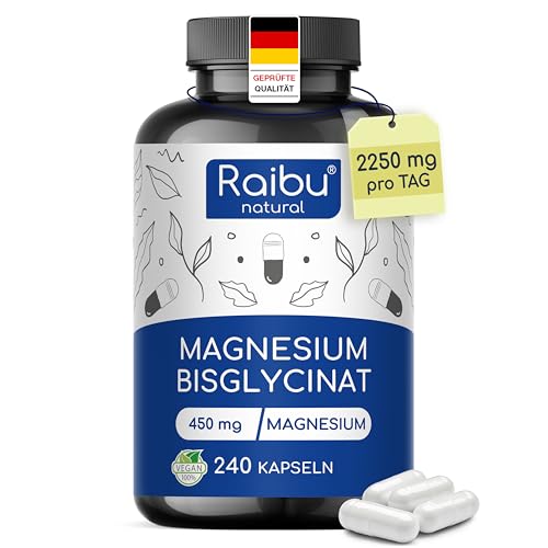 Magnesiumbisglycinat Kapseln - 450 mg elementares Magnesium pro Tag - 240 Kapseln hochdosiert - hohe Bioverfügbarkeit & Premium chelatiertes Magnesium - 100% vegan bis zu 4 Monate Vorrat