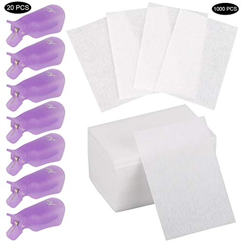 Nail Polish Remover Clip Set, 20 PCS Soak Off Nail Gel Polish Remover Clip Caps with 1000 PCS Lint Free Nail Wipes Cotton Pads - Purple
