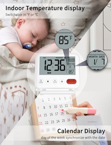 Image of NOKLEAD Digital Travel Alarm Clock - 3.23 inch LCD Display, Temperature, 9-Minute Snooze, 10s Backlight, Battery Included (White)