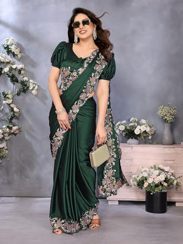 Image of Pandadi Saree Women's Satin Embroidery Work Saree With Unstitched Blouse Piece