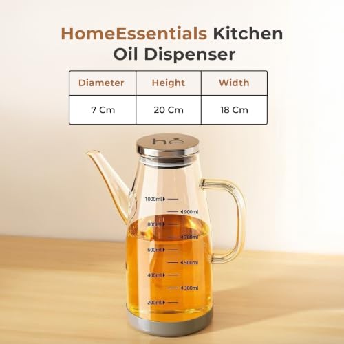 Image of HomeEssentials Glass Oil Dispenser Bottle with Measurement Markings | Auto Flip Lid Cruet with Non-Slip Handle | Leakproof & Drip-Free Oil and Vinegar Pourer for Kitchen Cooking