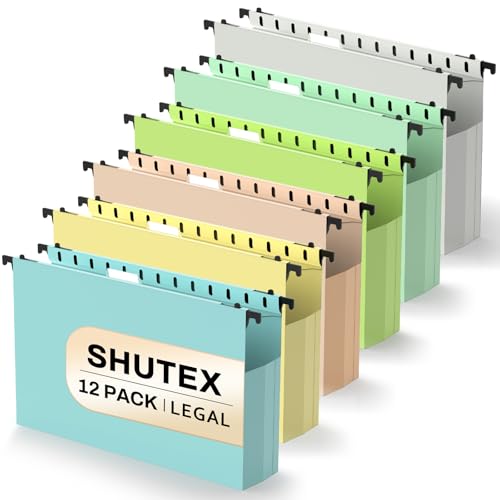 SHUTEX Legal Size Plastic Hanging File Folders, 12 Pack, Pastel Colors