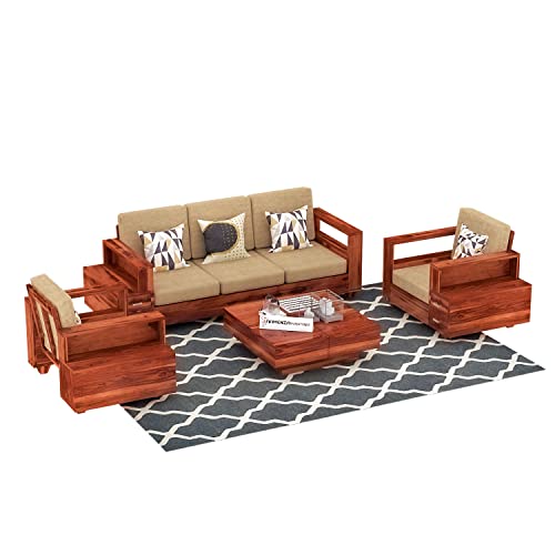 Image of Sheesham Wood 5 Seater Sofa Set with 2 Drawer Storage | 3+1+1 Wooden Sofa Set Furniture for Living Room Home Office (Honey)