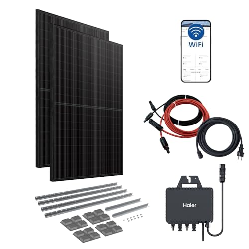 Haier 880 W Balkonkraftwerk mit Garten- und Flachdachhalterung, 600 W / 800 W Stecker-Solaranlage mit 2x 440 W Modulen und Wechselrichter, 5 m Kabel, WiFi