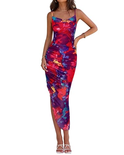 Image of PRETTYGARDEN Women 2025 Summer Mesh Dress Spaghetti Strap Cowl Neck Print Ruched Bodycon Dresses Asymmetrical Long Dress